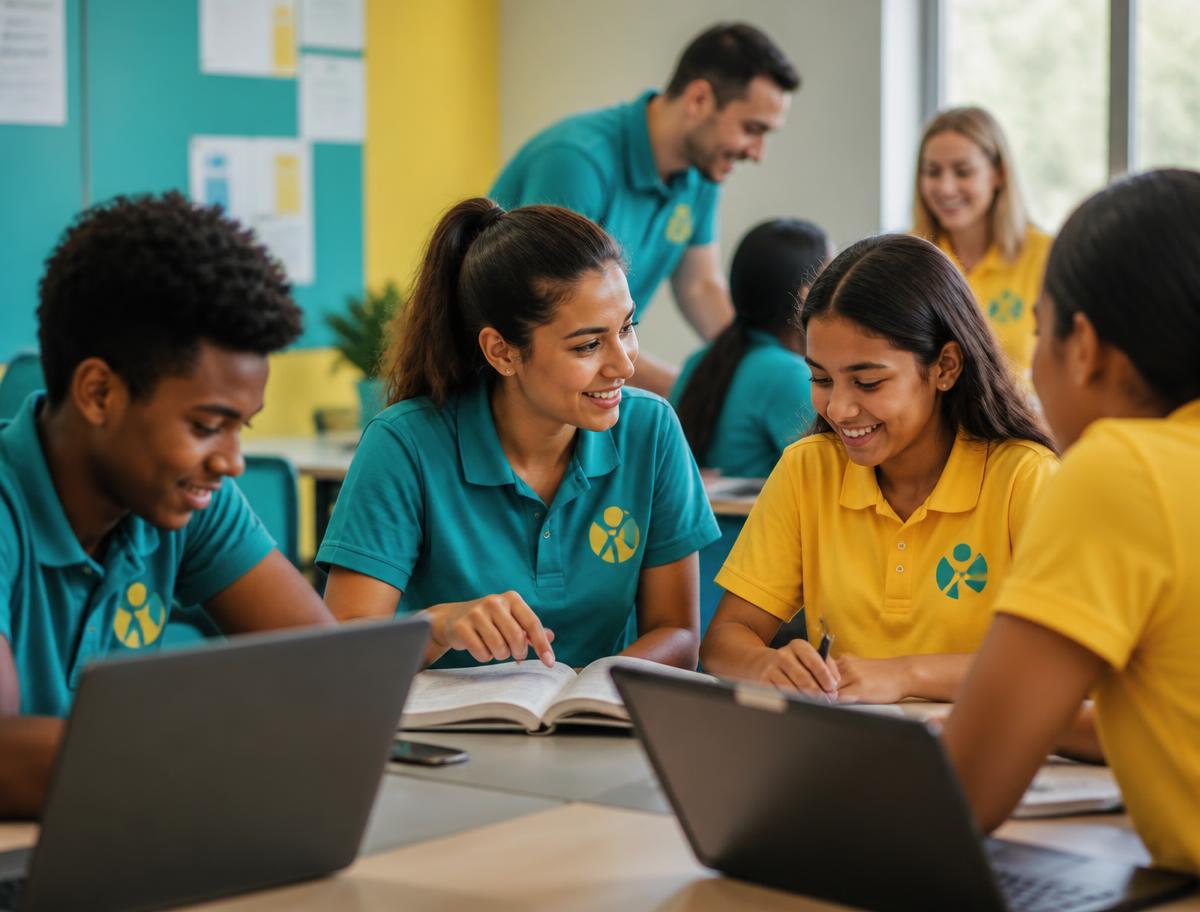Youth education mentors and students in teal and yellow polos studying together