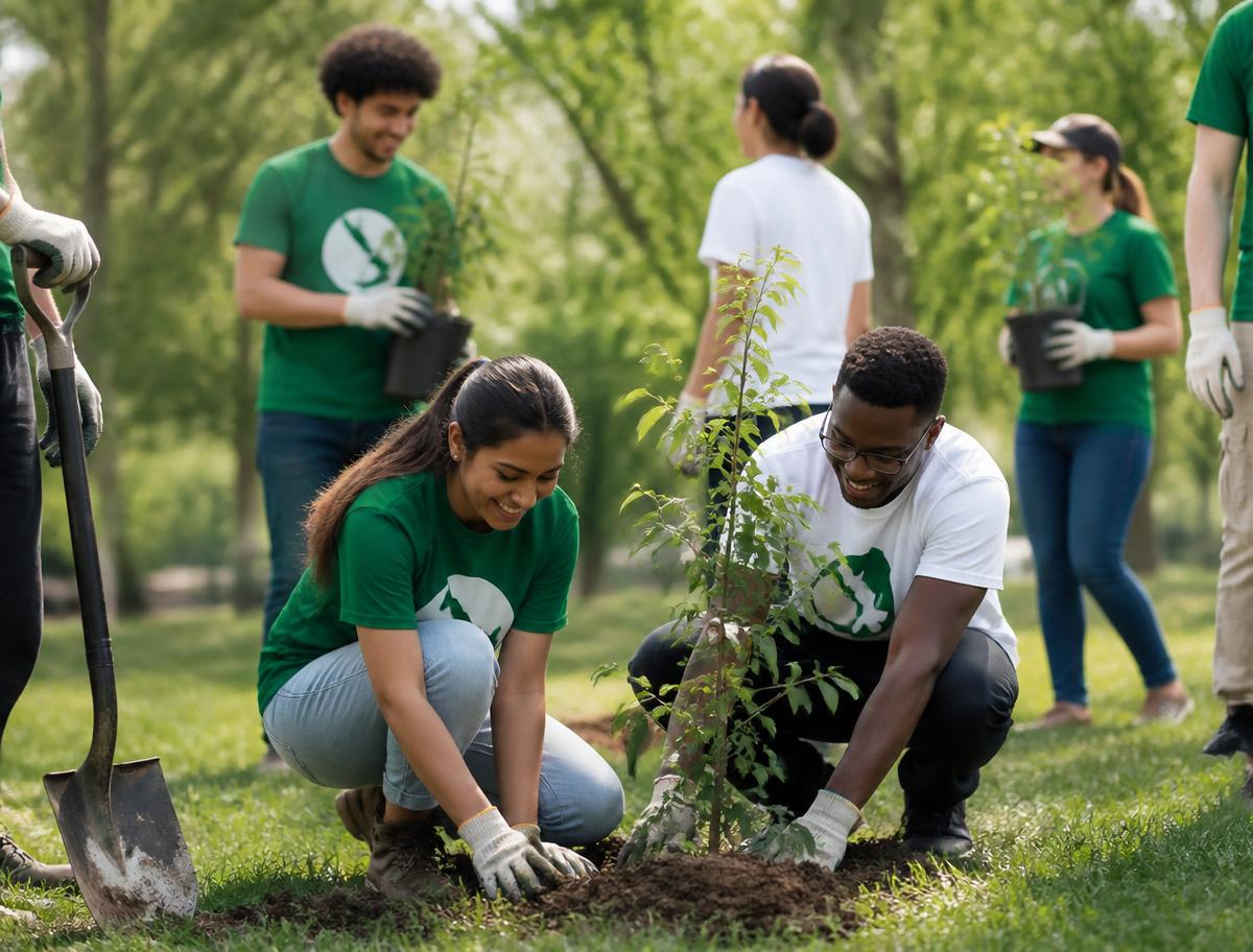 Conservation volunteers in green and white shirts planting trees in a park