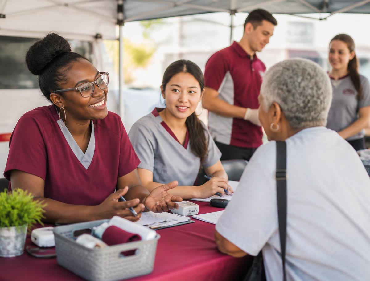 Community health team in maroon and gray scrubs running a mobile screening tent