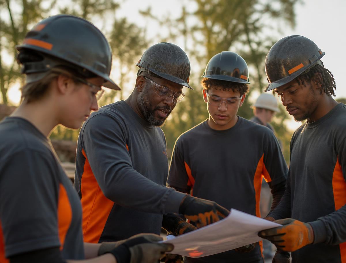 Workforce training mentors and apprentices in charcoal and orange gear reviewing plans